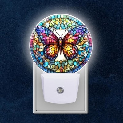 Round LED Night Lights Lamp with Dusk to Dawn Sensor, Stained Glass Art of Co...