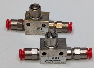 Lot of 2 Humphrey HSCO 1879 Flow Control / Regulator Valves with 5/32'' Fittings