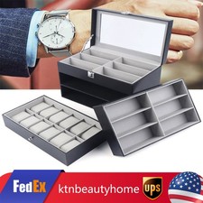 Watch Box Leather Display Case Organizer 24 Slots Glass Jewelry Storage Men NEW