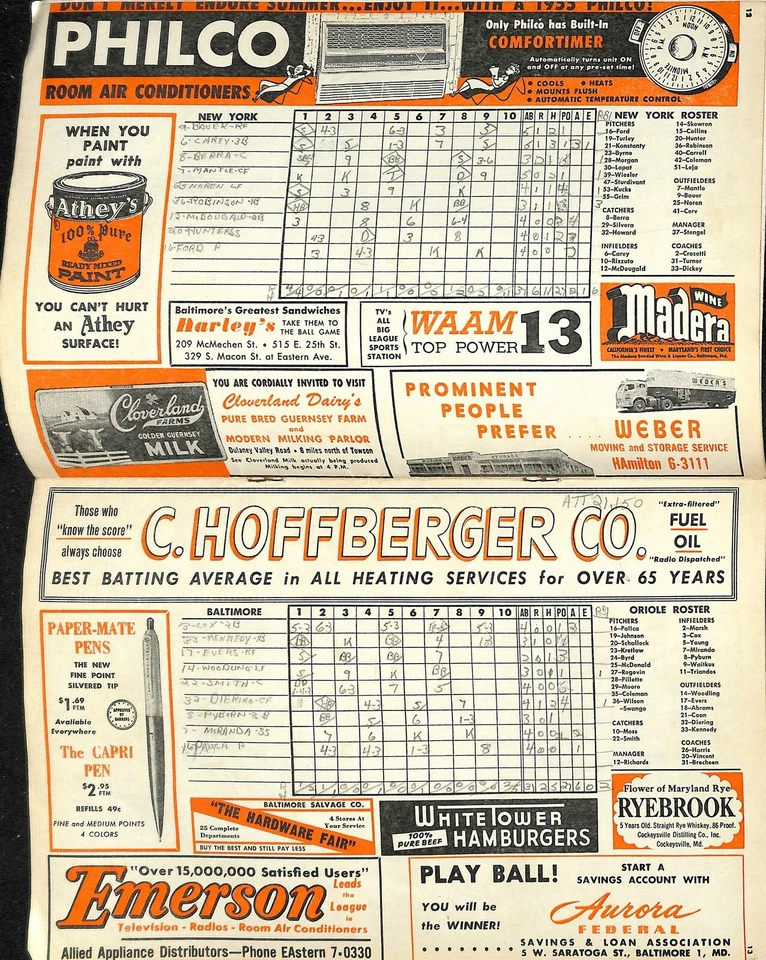 1955 NY Yankees @ Baltimore Orioles Program 5/27 Mantle 2 HT Ford WP Ex 78408b10 - Image 2 of 2