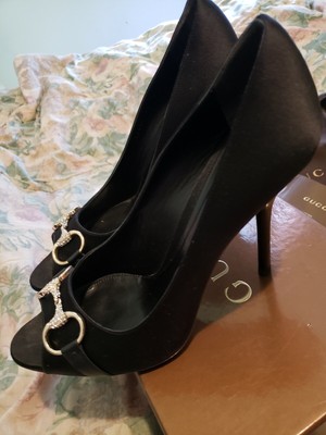 black satin pumps with rhinestones