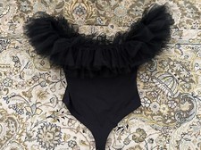 Free People BIG LOVE Tulle Ruffles Off Shoulder Bodysuit One Piece Top S M Black