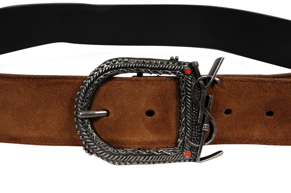 Cinturón Western Saint Laurent YSL Logo Monograma Talla 100 33 34 35 Marrón Gamuza Plateado Foto 2 de 4