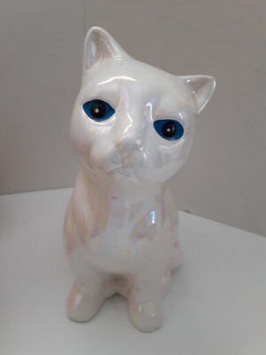 Cat Kitten Figurine White Irredescent Cat Sitting Blue Eyes Ceramic 