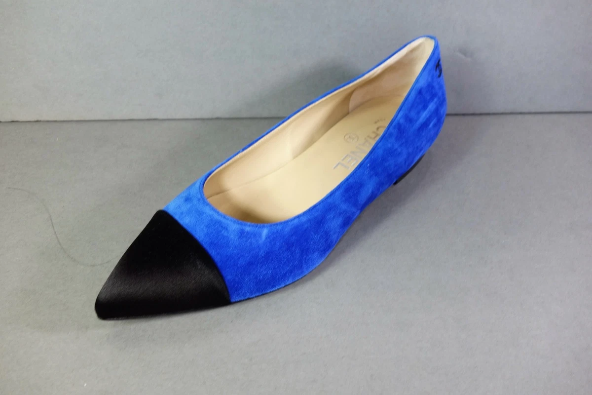 CHANEL 36.5 blue suede ballerina flats black cap point toe NEW Gabrielle  Coco