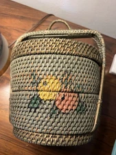 Antique SALLY PATCHIN  Polychomatic 3- Piece Sewing Basket - Circa 20’s - 30’s.