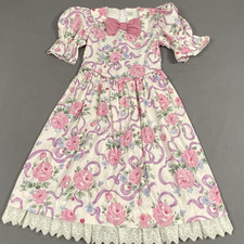 VTG Ruth of Carolina Pink Floral Dress Girls Sz 10 Short Sleeve Lace Trim