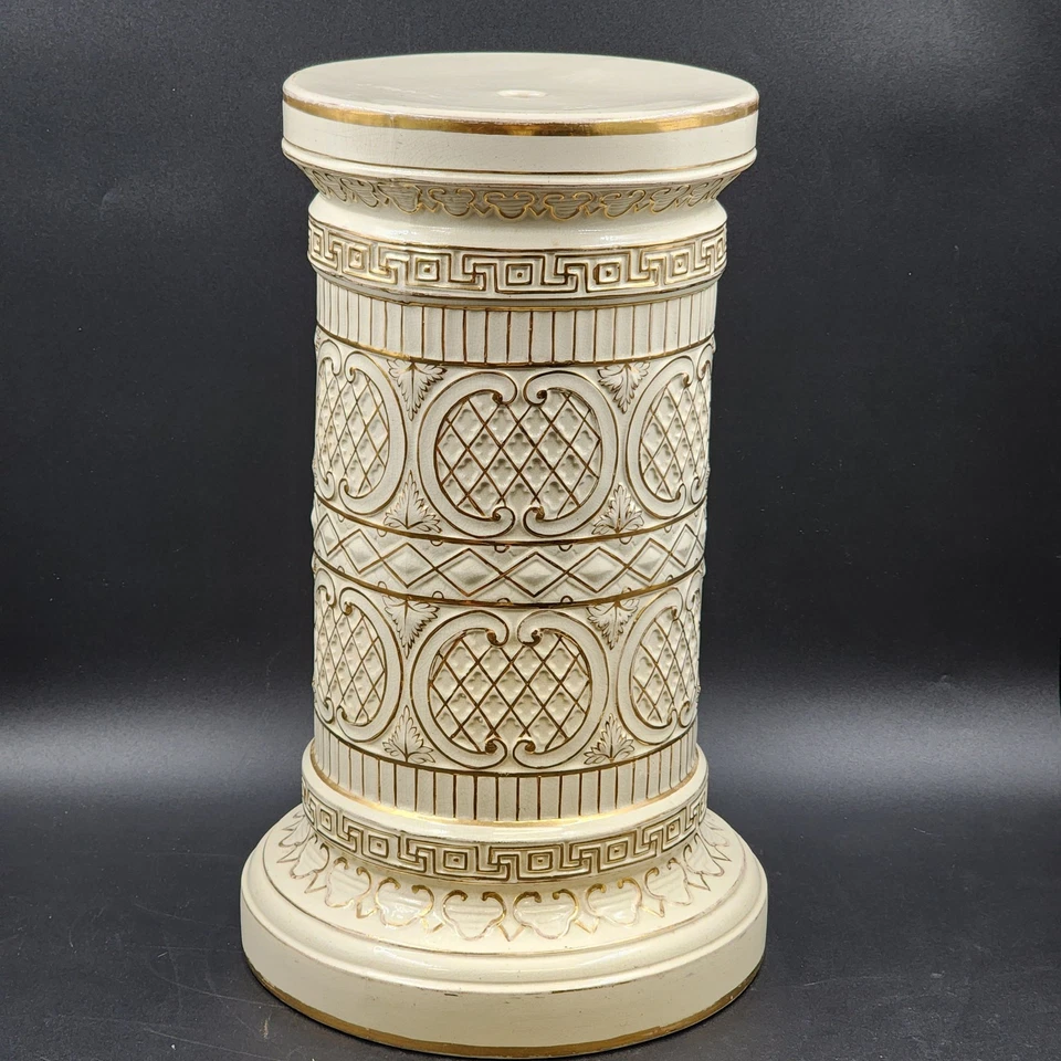 Pedestal Column Plant Stand 18" White with Gold Trim Greek Style Ceramic Vintage - Image 2 of 4