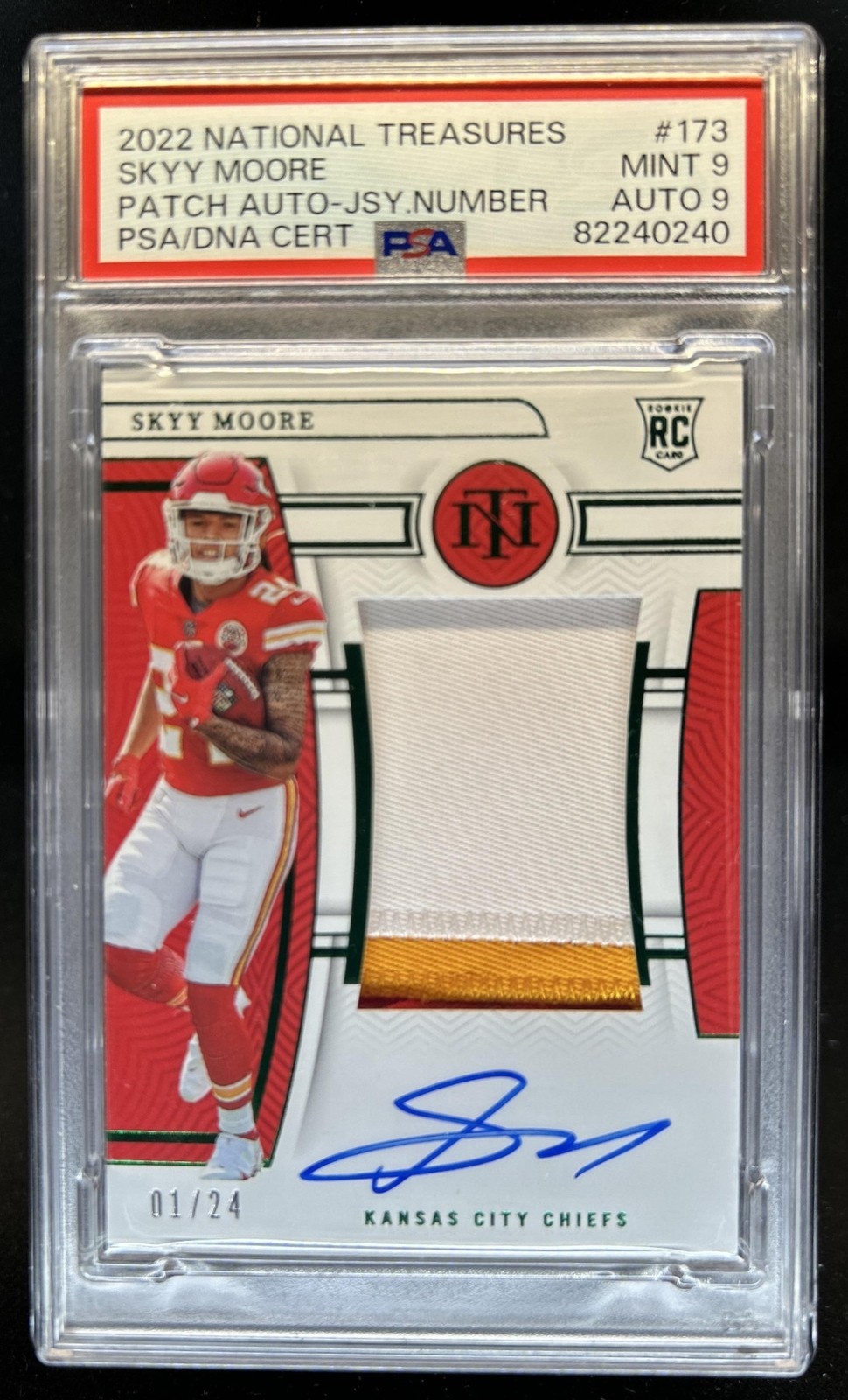 2022 National Treasures Skyy Moore Rookie Patch Auto Green Jersey #/24 PSA 9 view 1