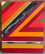 Vintage 70s Hard Edge Striped Oil Painting Modern Art Wall Hanging Multi-Color