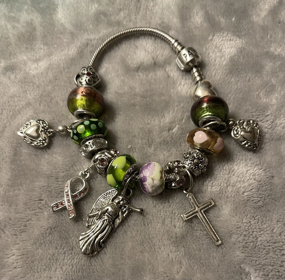 Pandora 925 Garden of Life Pink Ribbon Bracelet w 17 Beads Hearts & Charms - Image 2 of 4