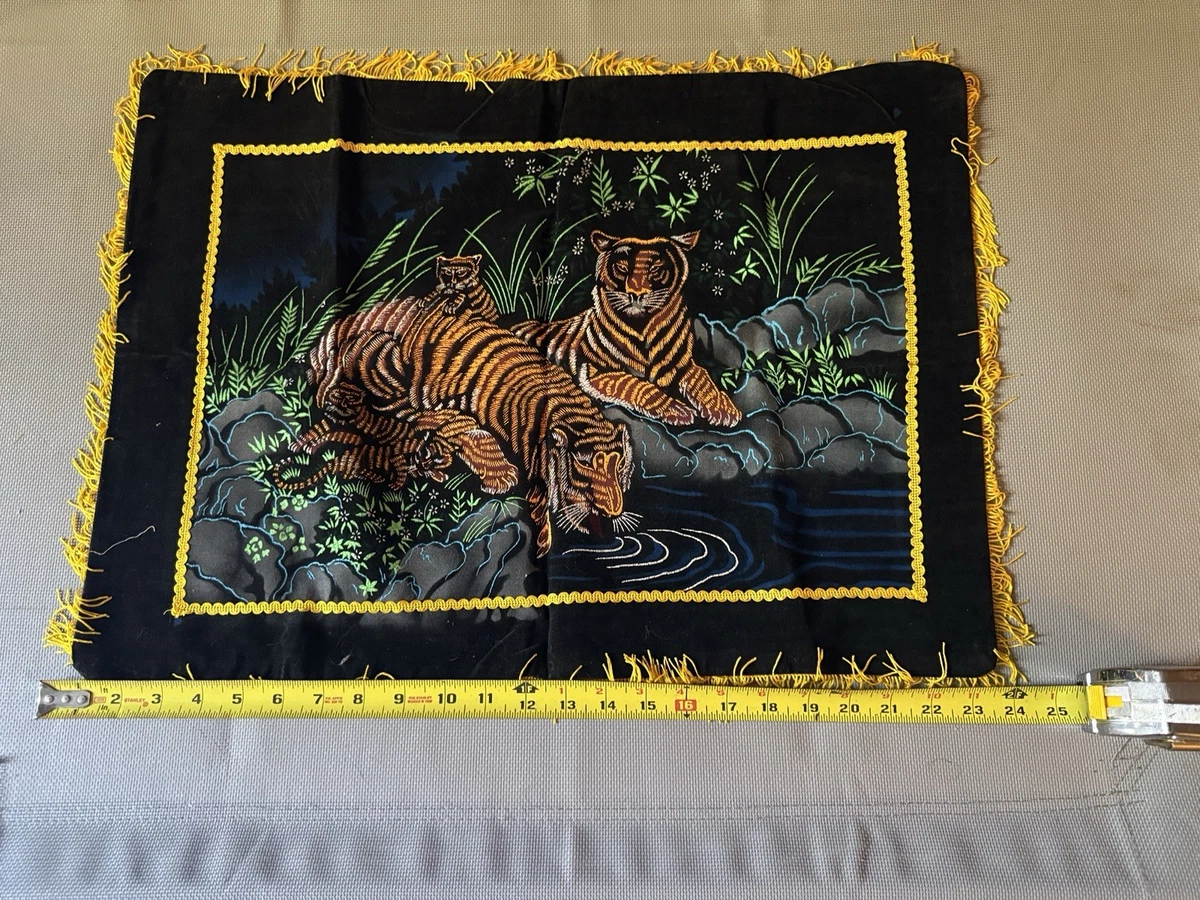 Vintage Black Tiger Family Tapestry Wall Hanging Yellow Fringe 23”x17