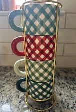 Pioneer Woman Merry Meadow Gingham 5 Pc. 12.5OZ. Stoneware Mugs W/Rack