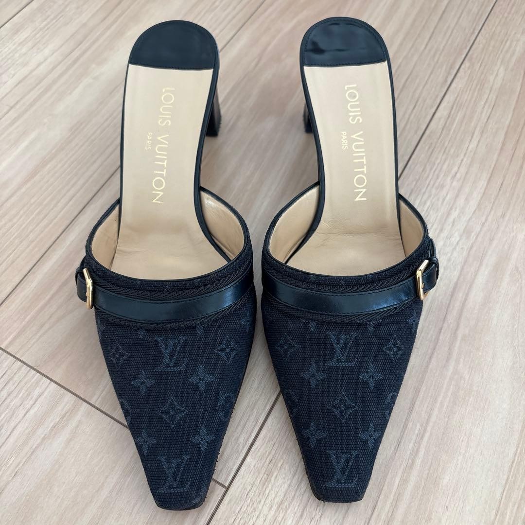 Louis Vuitton Monogram Mule Sandals Size EU35 US5 Pointed Toe Black Gold Buckle