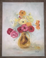 Original Vtg Ranunculus Still Life Red Pink Floral 11x14 Canvas Signed C Ashwell