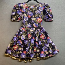 Vintage 90s Disorderly Kids Black Floral Puff Sleeve A Line Dress Girls 8 Retro