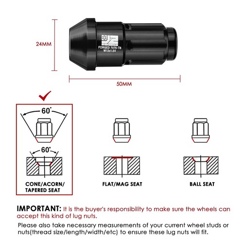 20Pcs J2 M12 x 1.5 24mm OD/50mm Tall Closed End Style Lug Nuts+Extension Black - Picture 2 of 6