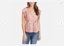Ella Moss Women's Short Sleeve V-Neck Linen Blend Top (FLORAL BLOOM XL) NWT