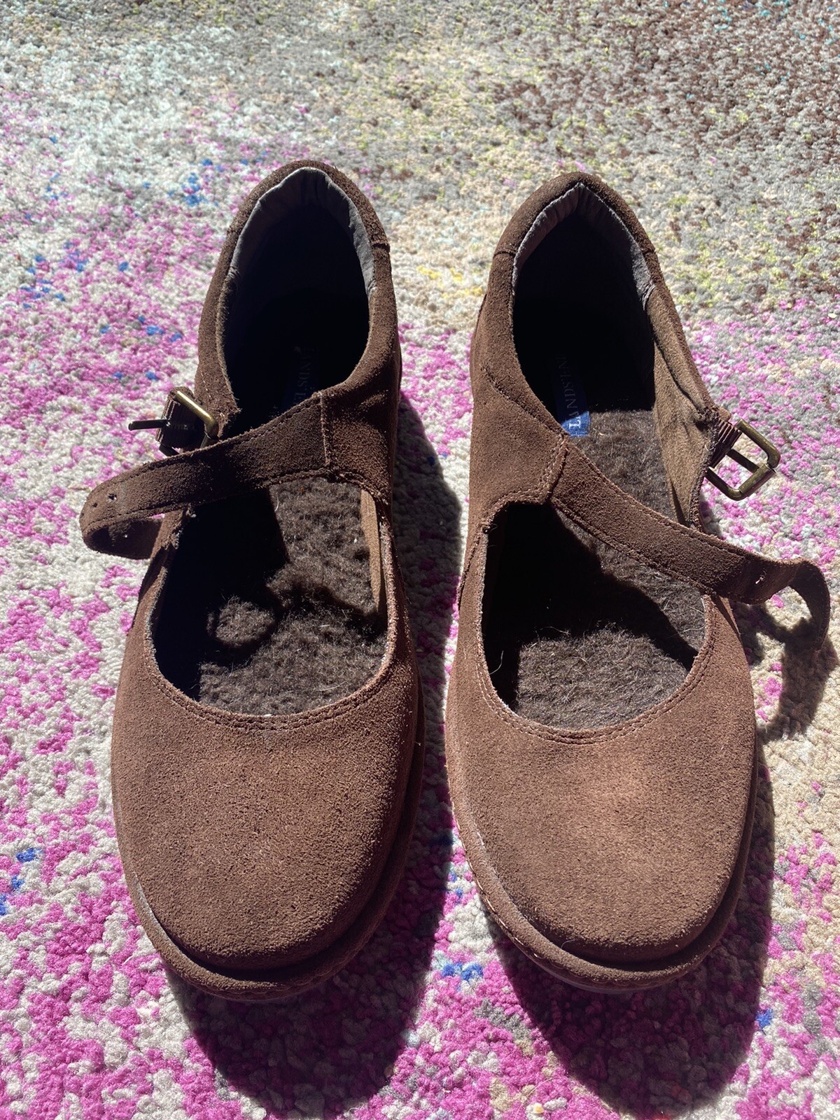 Lands End Mary Jane Shoes Womens Sz 8.5 Brown Suede Leather Warm Faux