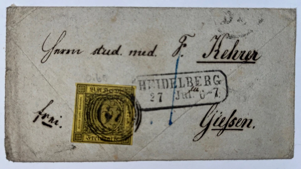 Germany Baden Cover 6Kr Yellow Cancel Heidelberg July 27 1856 Ownership Name XF - Image 2 of 4