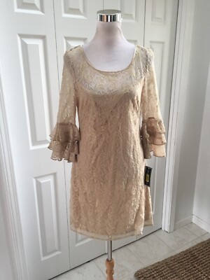 NWT Jessica Howard Gold Metallic Lace Sheath Ruffled Bell Cuff