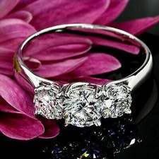 2Ct Round VVS1 Real Moissanite Three Stone Engagement Ring 14K White Gold Plated