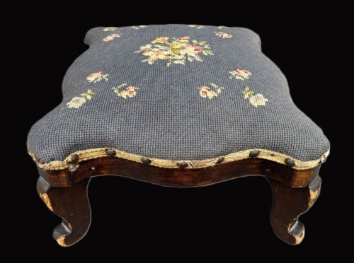Antique Victorian Footstool, Original Needlepoint Top, Scalloped Wood Frame - Picture 2 of 17