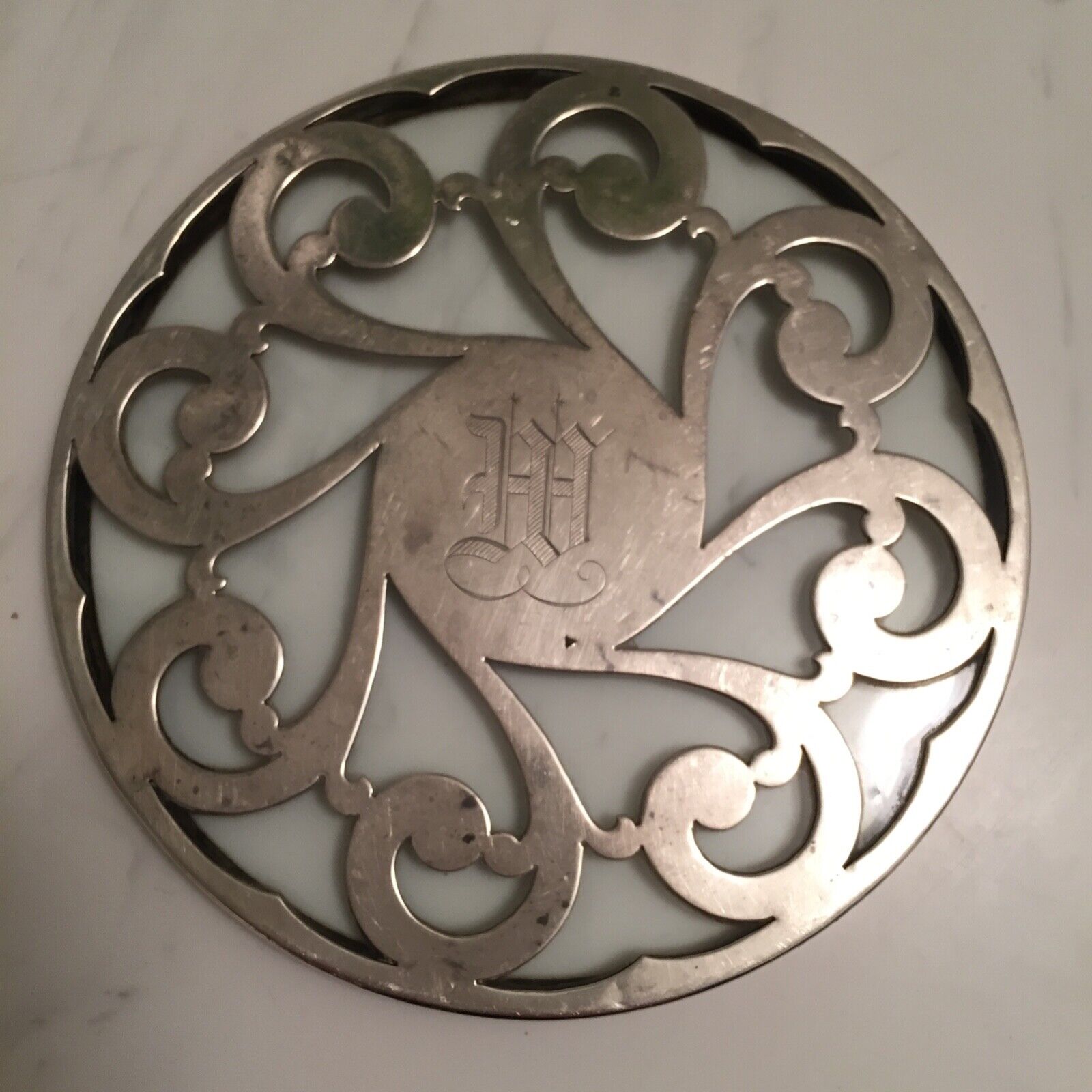 Sterling Silver Overlay Glass Virginia Beach Mall Ornate Sales for sale Trivet Pattern 5 Monogramed