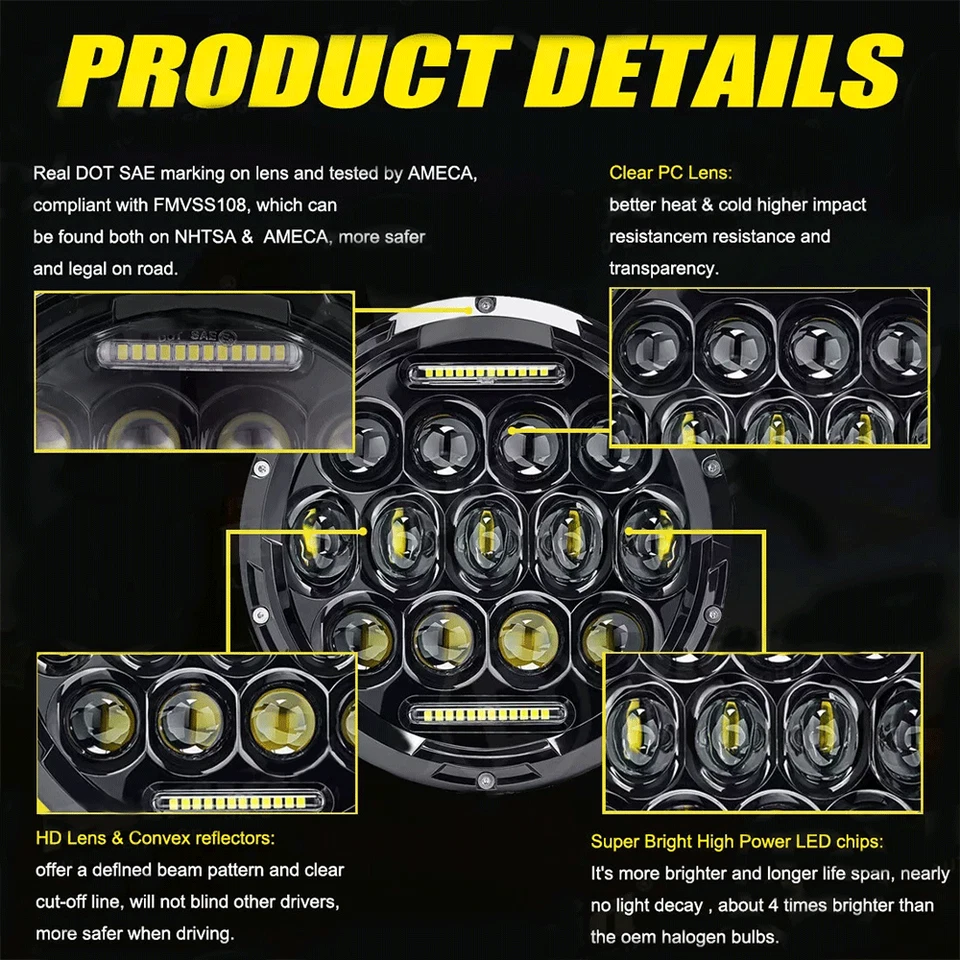 Par de faros LED halo de 7" y kit de luces antiniebla DRL de 4 pulgadas para Ford Wrangler JK LJ TJ Foto 3 de 4