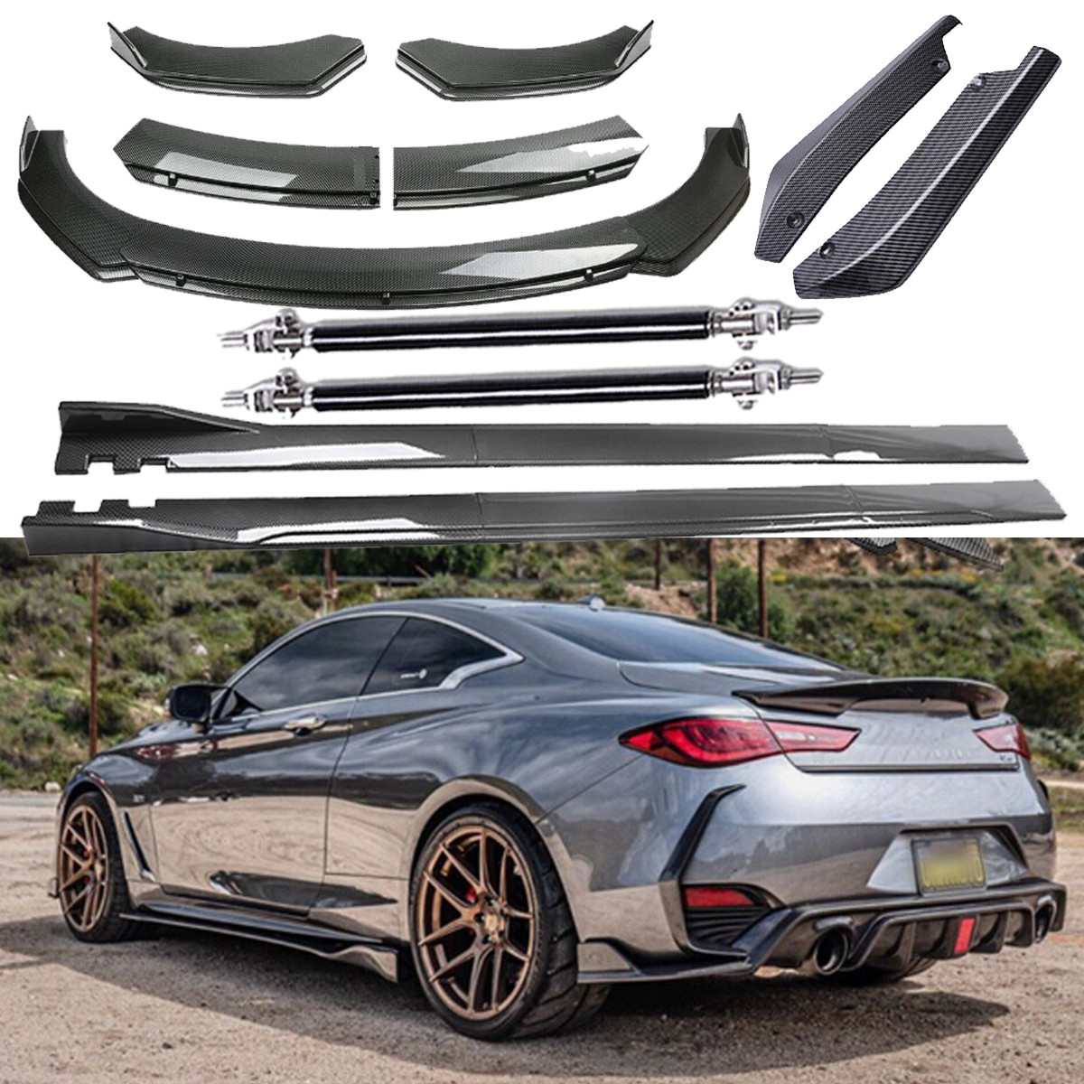 Front Bumper Lip Rear Splitter Spoiler Side Skirt Carbon Fiber For Infiniti Q60