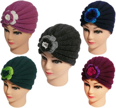 Turban Mütze Strick Kappe lila grau blau grün Blume Alpaka Wolle Harem  Orient