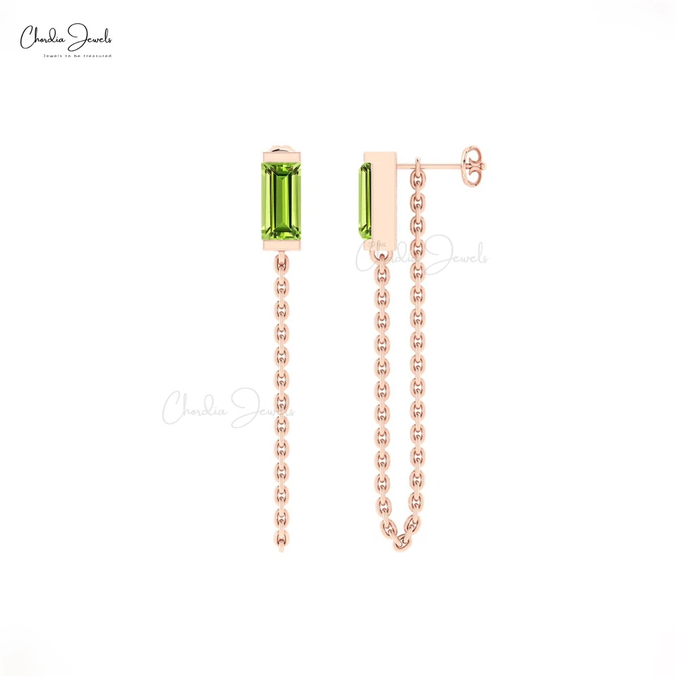 14k Solid Gold Chain Earrings 6x3mm Baguette Peridot Pushback Stud Gift For Her - Image 2 of 4
