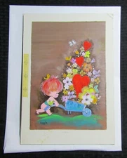 VALENTINES Cute Girl w/ Flower Cart & Hearts 9x13" Greeting Card Art #V3576