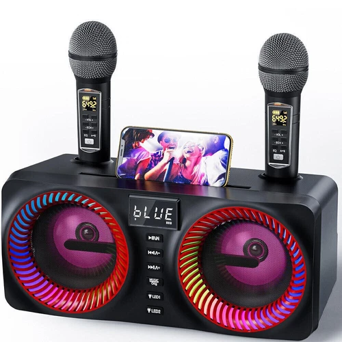 Karaoke Machine Portable Bluetooth Speaker with 2UHF Wireless Mic Remote Control