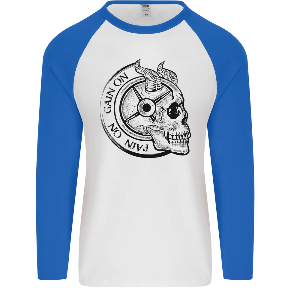 No Pain No Gain Teufel Schädel Gym Training Herren L/S Baseball Maglietta - Bild 3 von 4