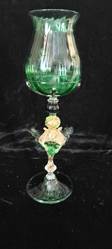 Vintage Venetian Murano Glass Stem Glass Green Gold Flecks 11"T Made Italy