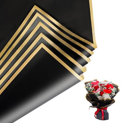 Papel De Regalo 20 Hojas Negro y Dorado Para Ramos Flores Buchones Baby Shower