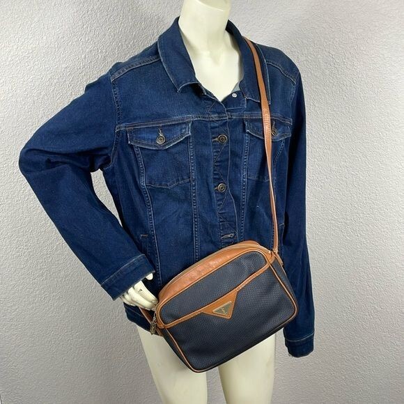 Borsa a tracolla vintage Yves Saint Laurent piccola tela finiture in pelle nera marrone