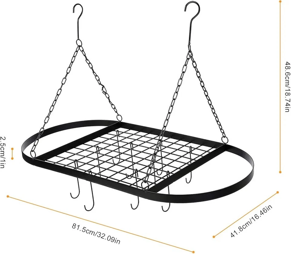 Black Ceiling Hanging Pot Pan Rack 10 Hooks Kitchen Organizer Shelf 81.5 x 42cm - Image 2 of 4