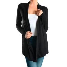 Womens Long Sleeve Cardigan Sweater Open Front Jacket Top Soft Stretch Black SML
