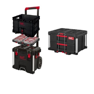 Milwaukee PACKOUT 4-teiliges Set Slim Organizer + Kiste + Rollwagen 2 Schubladen.