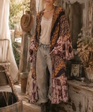 Umgee Patchwork Kimono Long Duster Cardigan Beachy Boho Size S Flared Sleeves