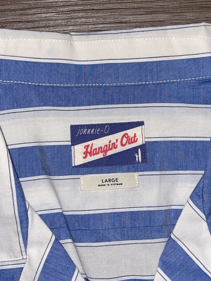 Johnnie-O 衬衫男式大号蓝色白色条纹露营领挂出 JMSM19 — 第 2/4 张图片