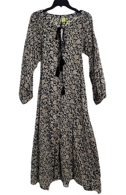 Raj Floral Boho Maxi Dress XL Button Puff Sleeve Belted Robe Cottagecore Peasant