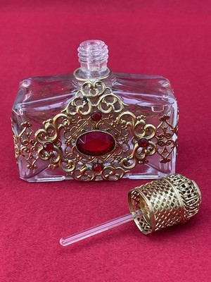 Elegante Vintage Parfümflasche filigran gold & rote Strasssteine