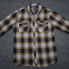 Fox Racing Mens Medium Black Gray Yellow Plaid Flannel Button Up Shirt
