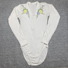 VTG 80s JC Penney SZ MEDIUM Floral Embroidered White Long Sleeve Nylon Bodysuit