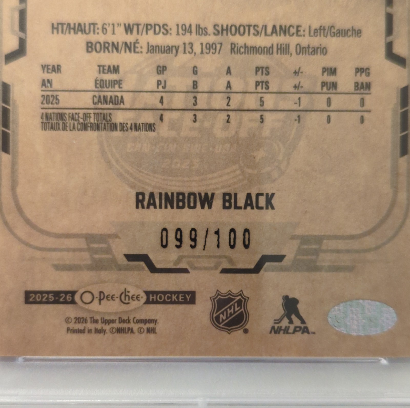 2025-26 OPC Connor McDavid 4 Nations Rainbow Foil Black /100 PSA 10 POP 1🔥 view 3