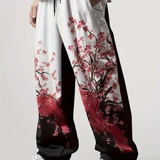 Men's cherry blossom printed casual pants - loose drawstring belt, non-elastic