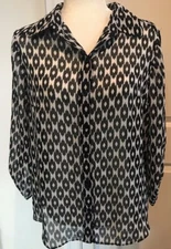 AB Studio Medium Sheer Blouse Top Black & White Button Front Geo Long Sleeve